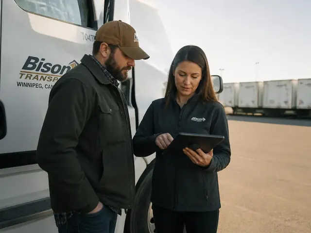 Fleet driver and dispatcher reviewing routes at a logistics yard