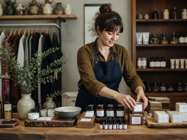 Retail shop owner arranging inventory in her store